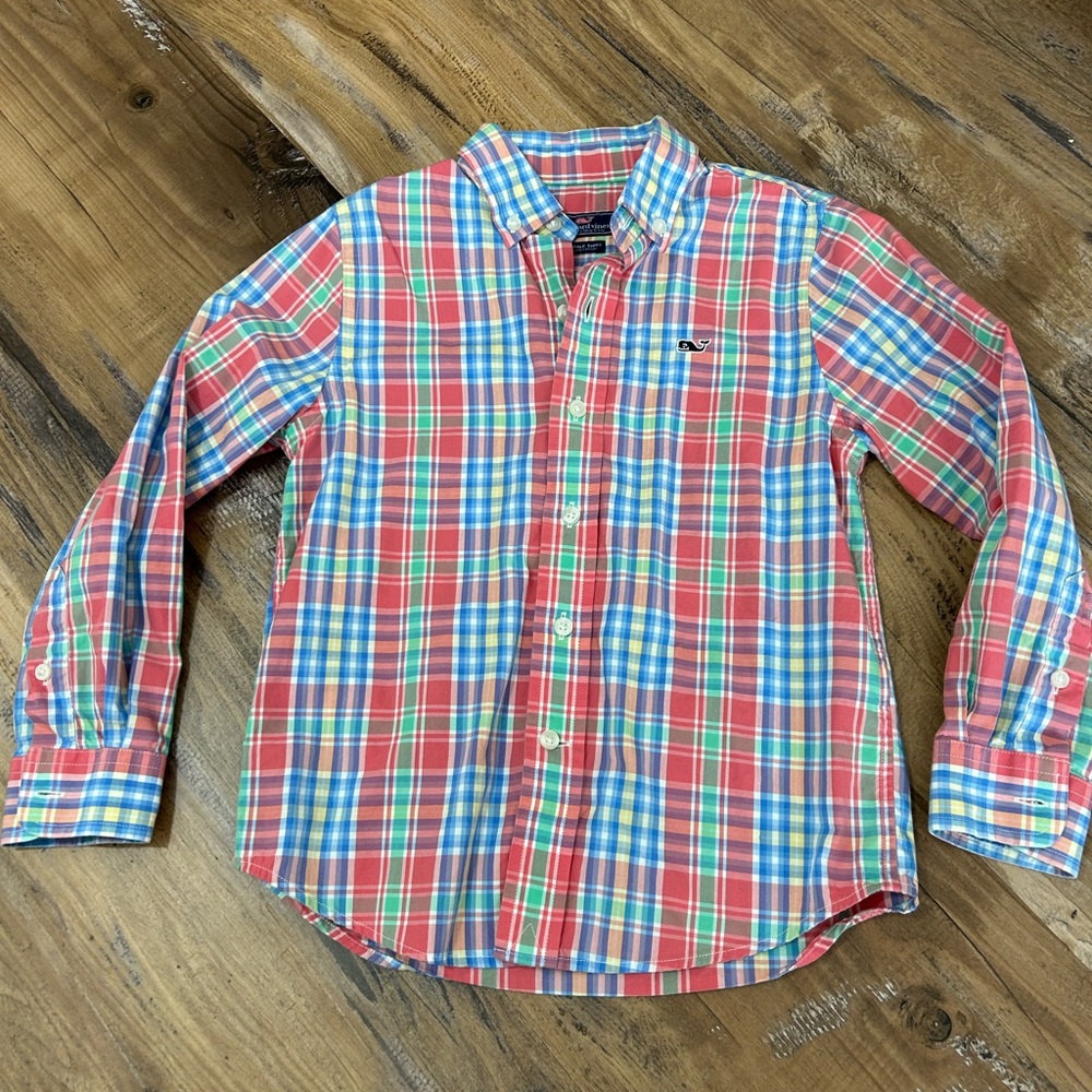 Vineyard Vines Boys Coral, Blue & White Plaid Button-Down Shirt